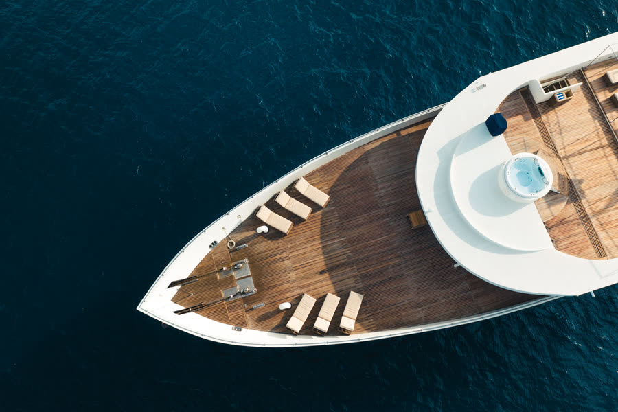 The bow sundeck and jacuzzi from the air